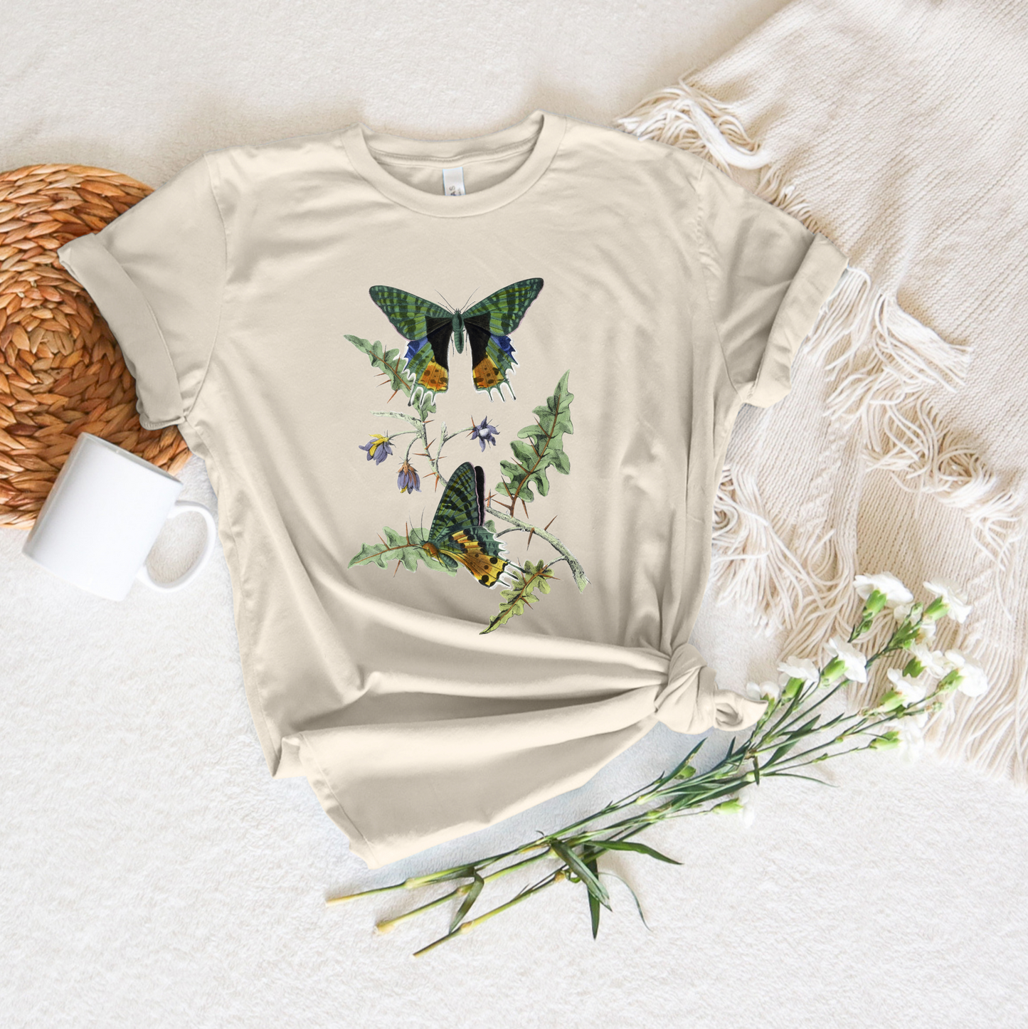 Green Botanical Butterfly Illustration Tee