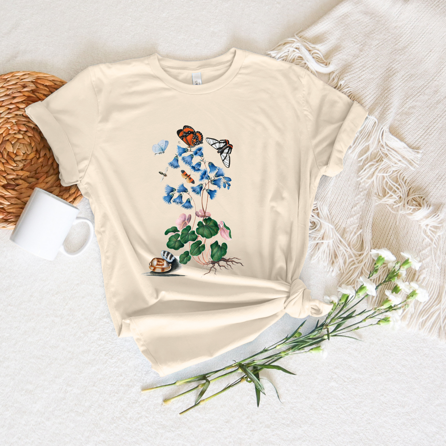 Blue and Pink Botanical Butterfly Illustration Tee